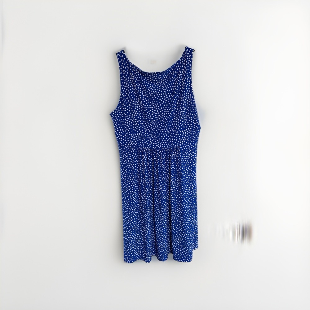 Chaps Womens XL Dress Blue White Polka Dot Sleeveless Fit Flare Stretch F169